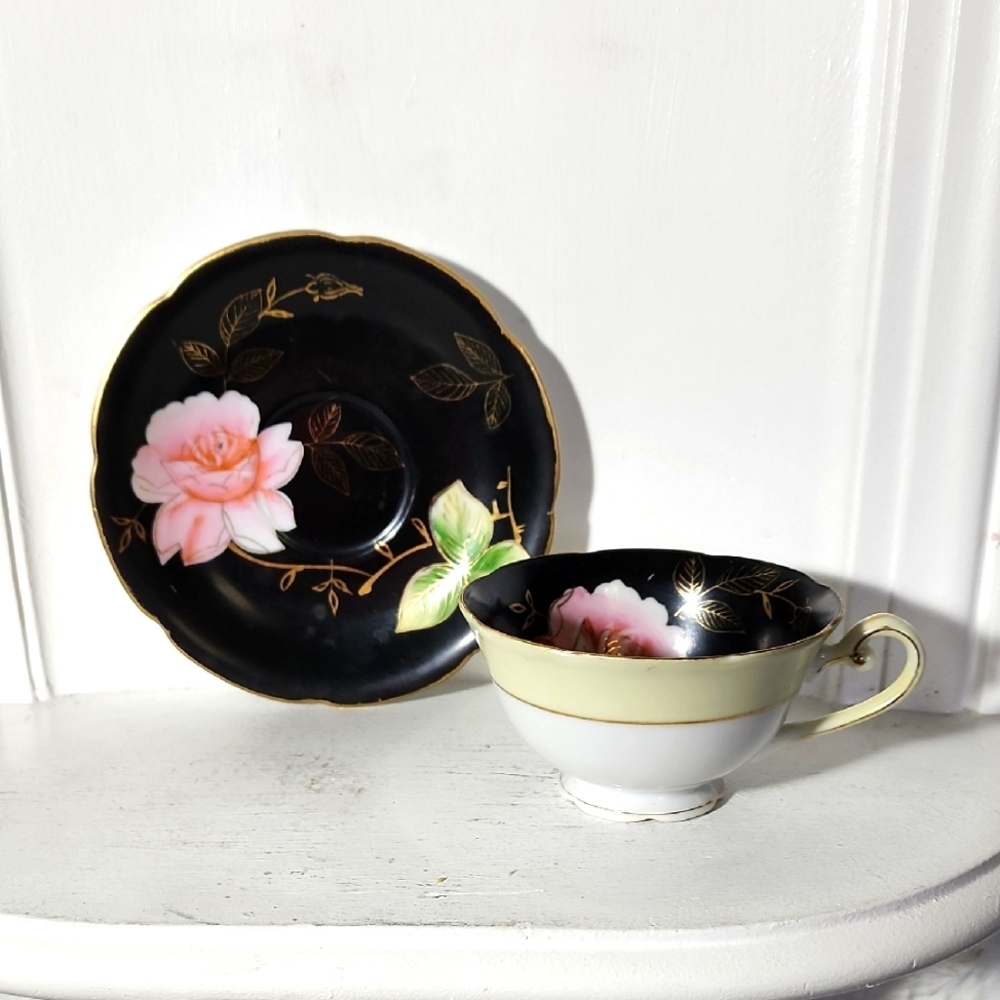 VINTAGE JAPAN BLACK TEA CUP AND SAUCER WITH PINK ROSE & GOLD TRIM